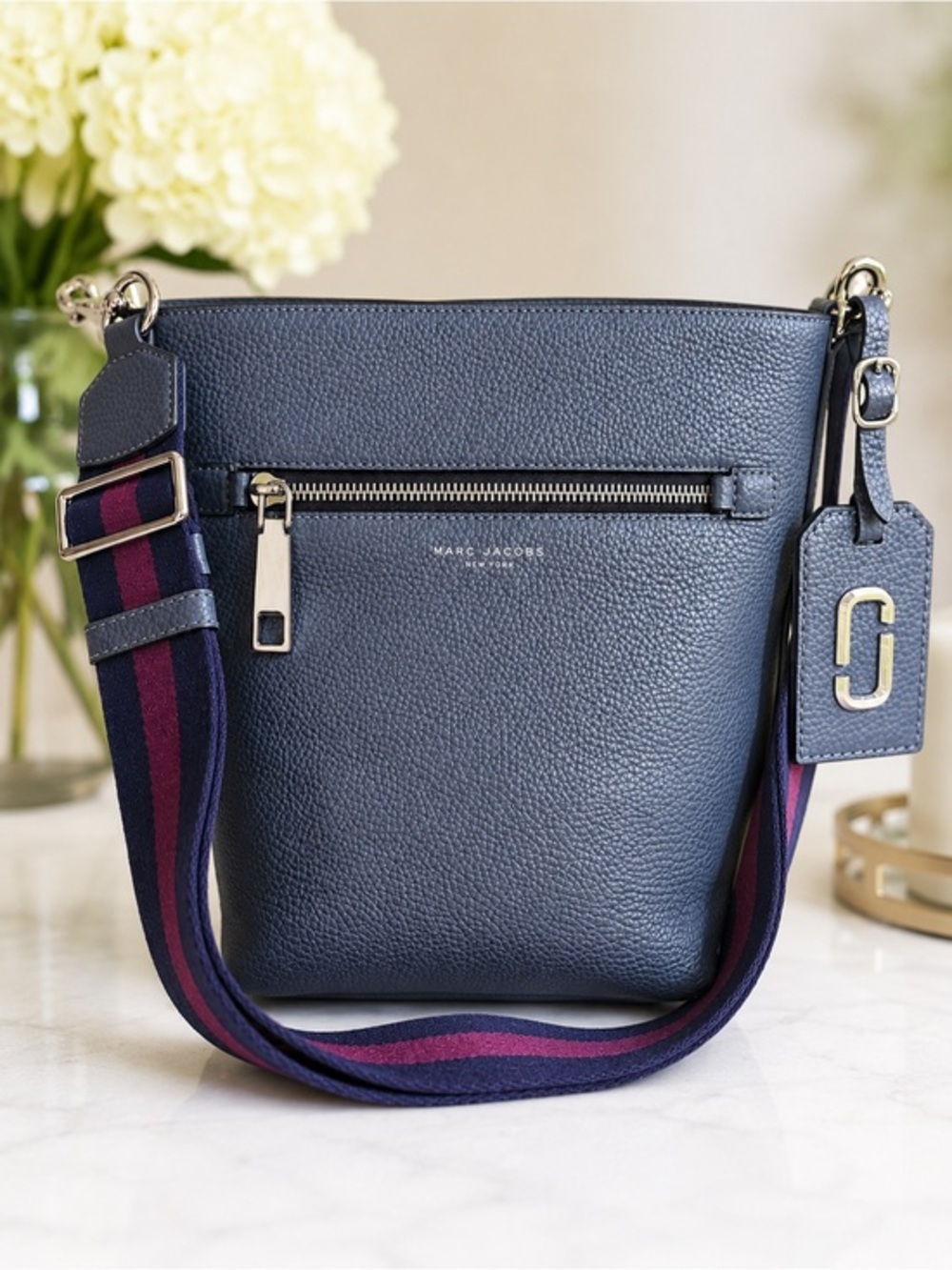 Marc Jacobs Gotham Bucket Bag Crossbody Slate Pebbled Leather Guitar Strap